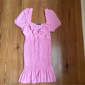 Zara pink linen blend smocked ruffle sleeve midi dress SIZE XS